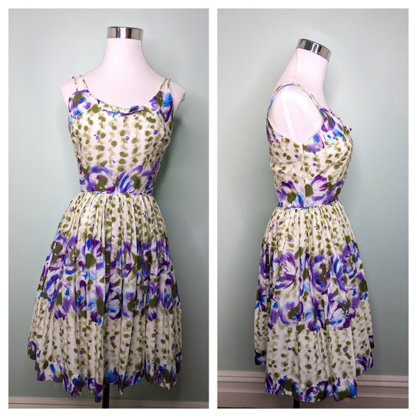 Vestido de verano vintage de algodón con estampado floral, estilo años 50/60: estampado morado y verde, talla XS