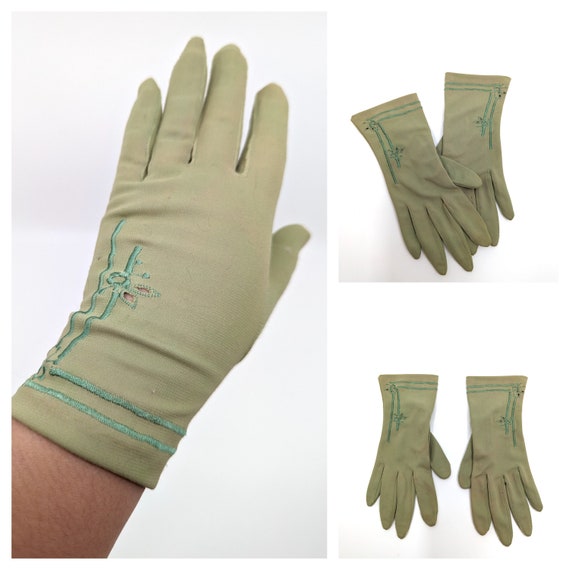 Vintage 60s Gloves, 1960s Green Gloves, 60s Wrist… - image 1