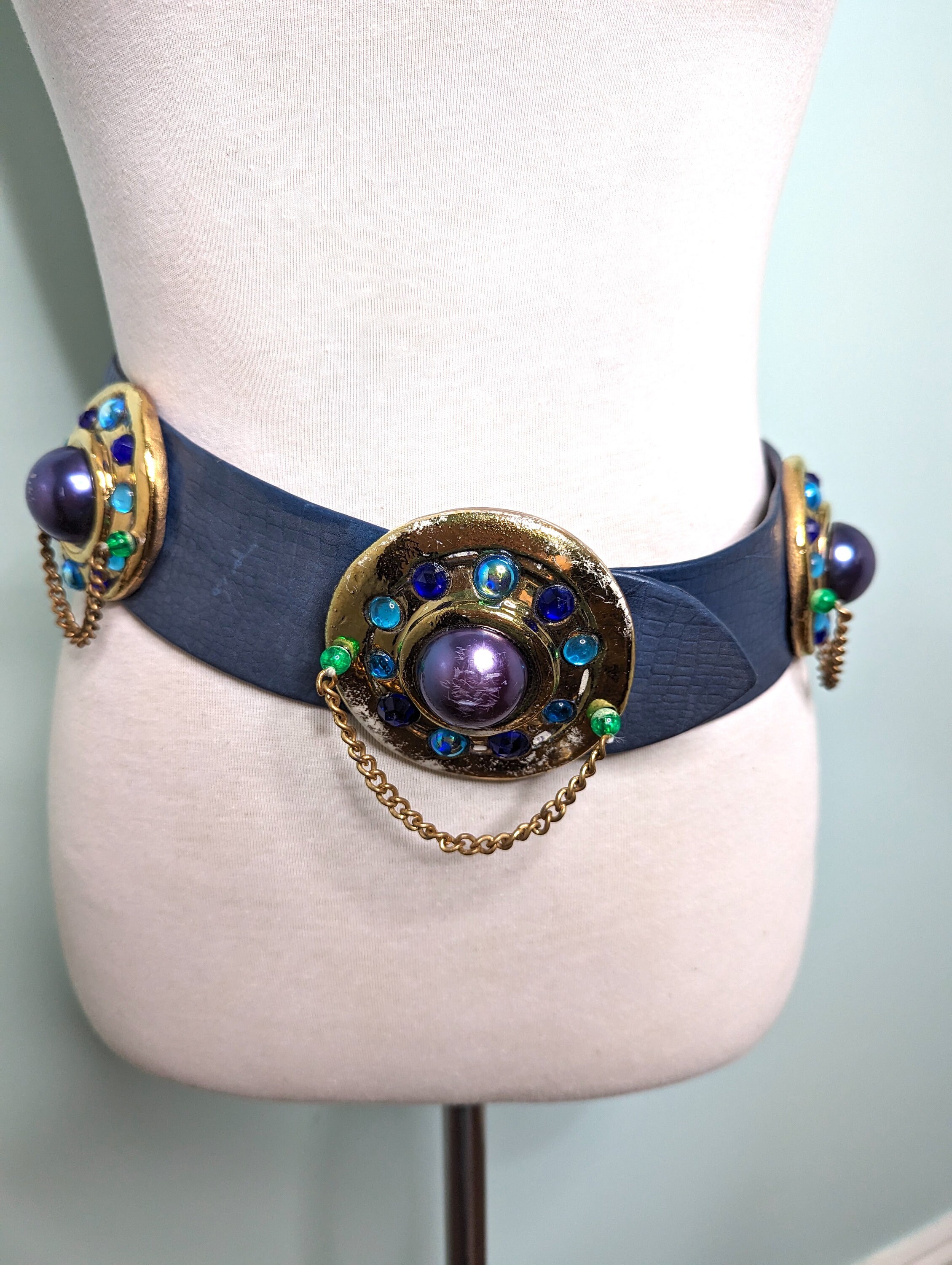 Vintage 1980s Blue Leather Belt, 80s Metal Buckle Belt, 80s  display picture 2