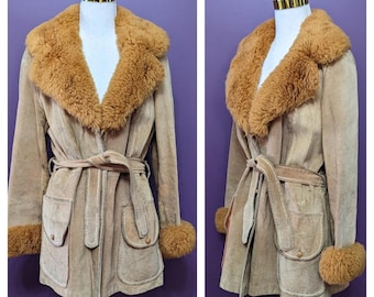 Vintage 1960s 1970s Tan Suede Shearling Fur Penny Lane Coat Size M/L