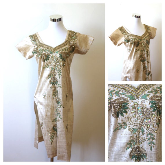 Vintage 1960s Indian Dress, 1970s Boho  Silk Embr… - image 1