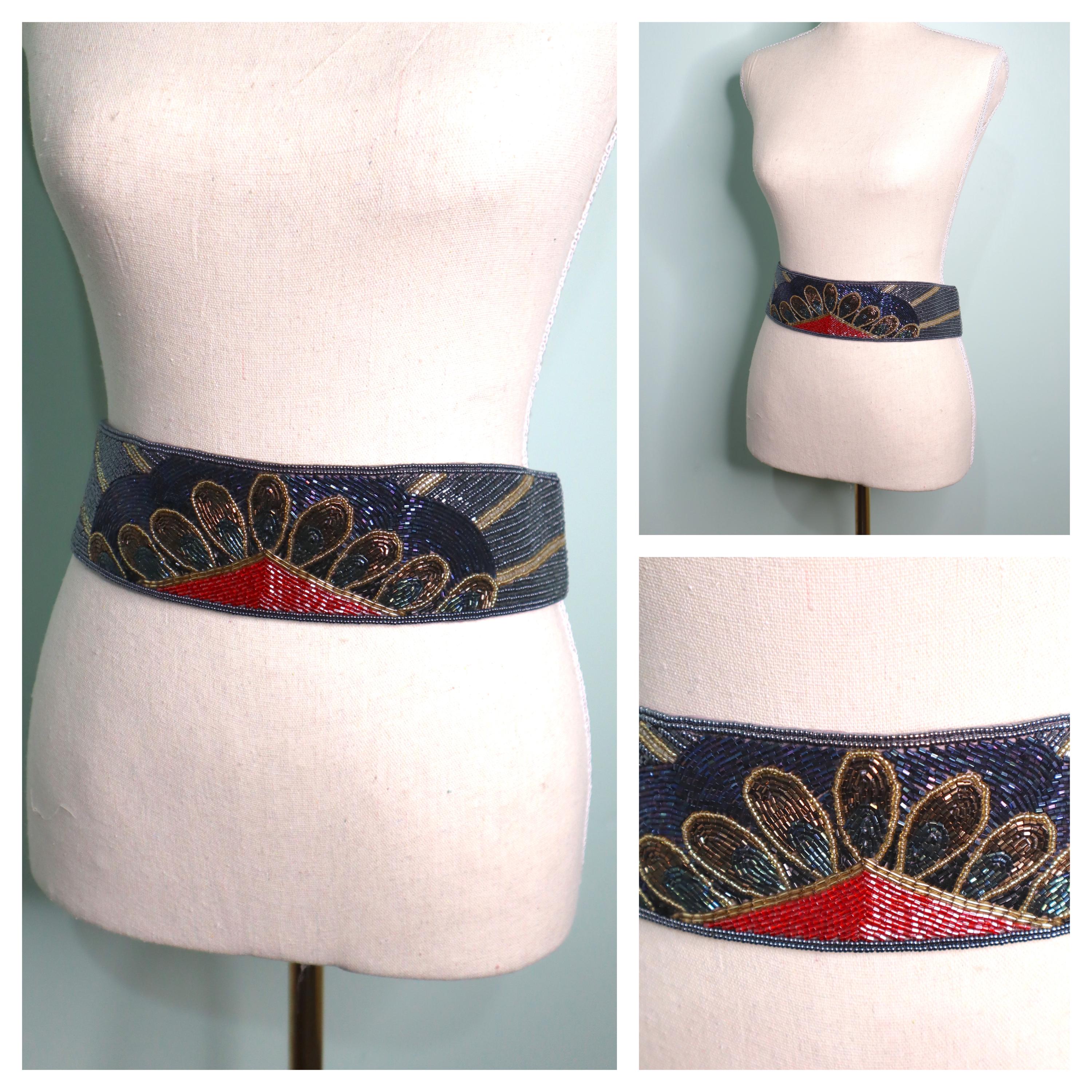 Antique Black Velvet Beaded Peacock Belt 1920s Black Velvet Burnout Peacock Floral Fringe Scarf Coat  main image 2