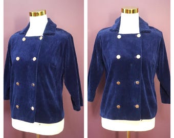 Vintage 1960s 1970s Navy Blue Corduroy Crop Jacket: Nautical Mod Style, Size S