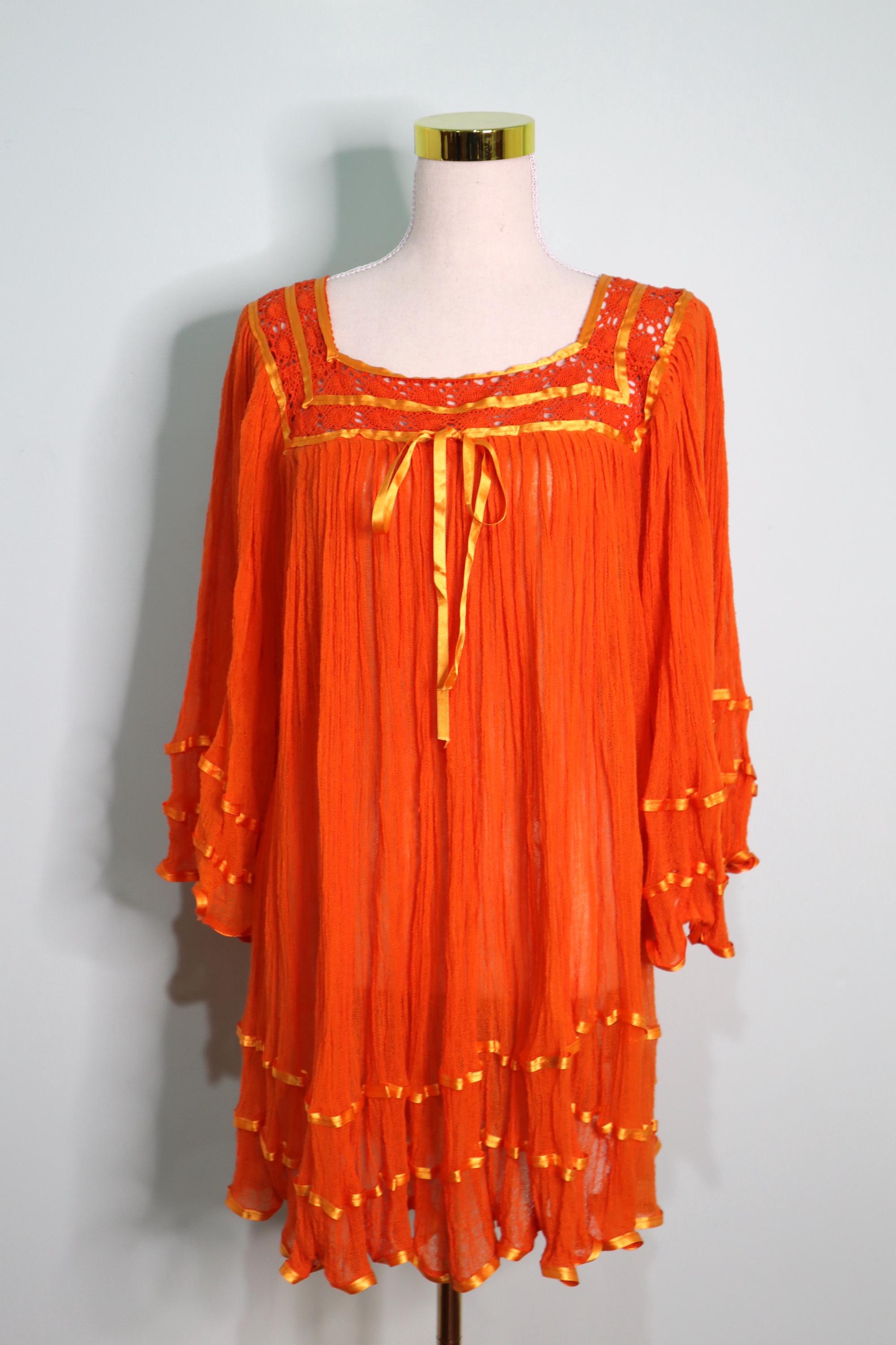 Vintage 70s 80s Orange Mexican Crochet Gauze Dress , Gauze