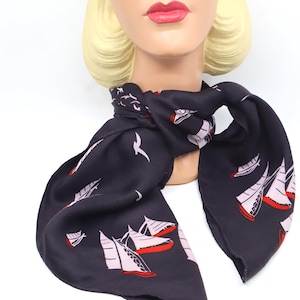 Vintage 70s Nautical Scarf: Navy Blue Boats & Birds Print