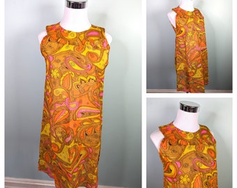 Vintage 1960s Orange Floral Rare Hallmark Papierkleid: Mod Psychedelic Paisley Mini, Größe S
