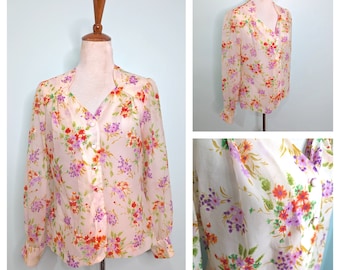 Vintage 1970s Orange Floral Sheer Blouse: Sweetheart Neckline, Size M/L