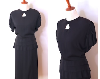 Vintage 1940s Black Rayon Peplum Summer  Evening Dress: Old Hollywood Keyhole Dress, Size M