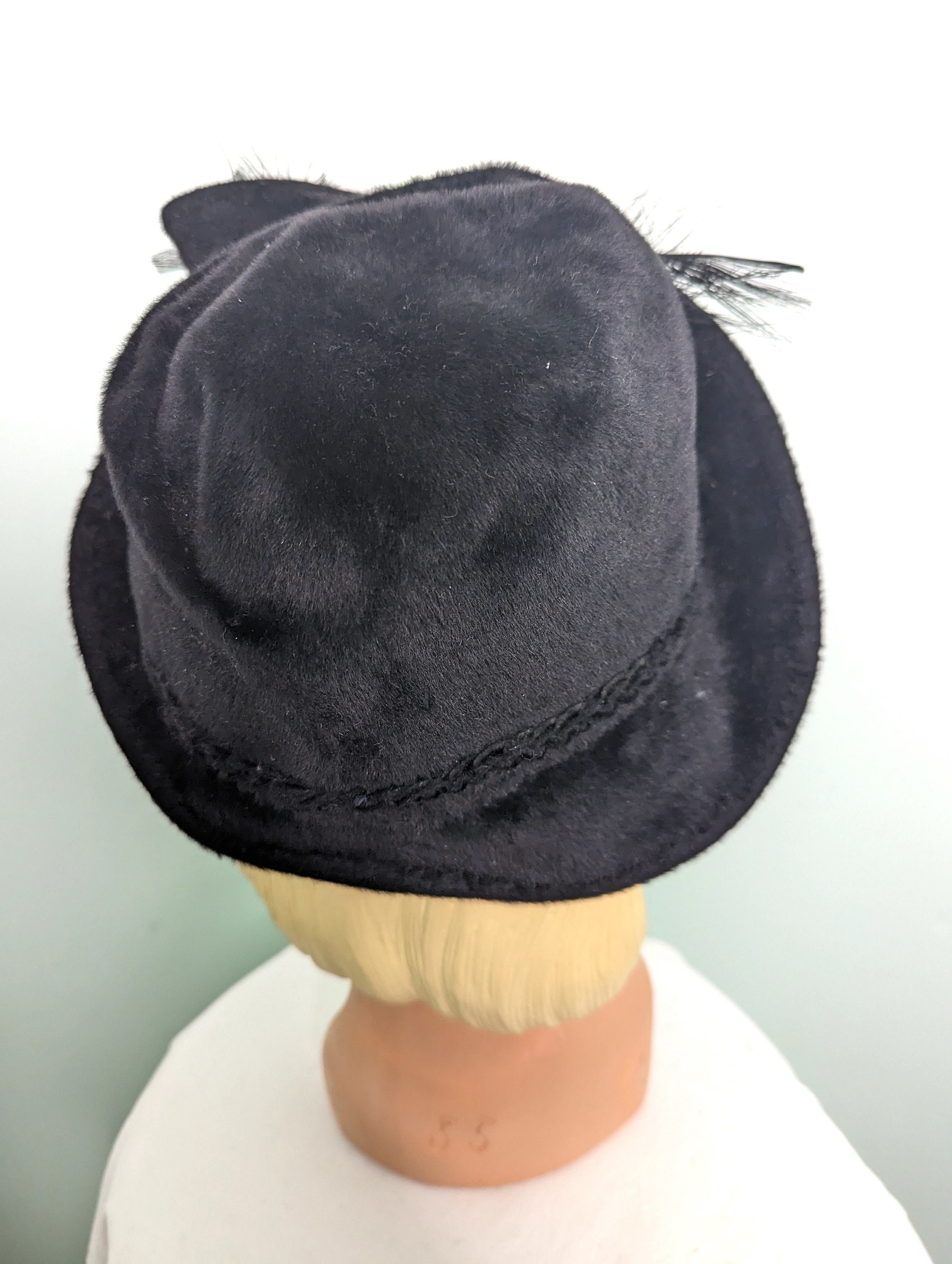 Vintage 1940s Black Velour Felt Hat With Feather Brim - Etsy