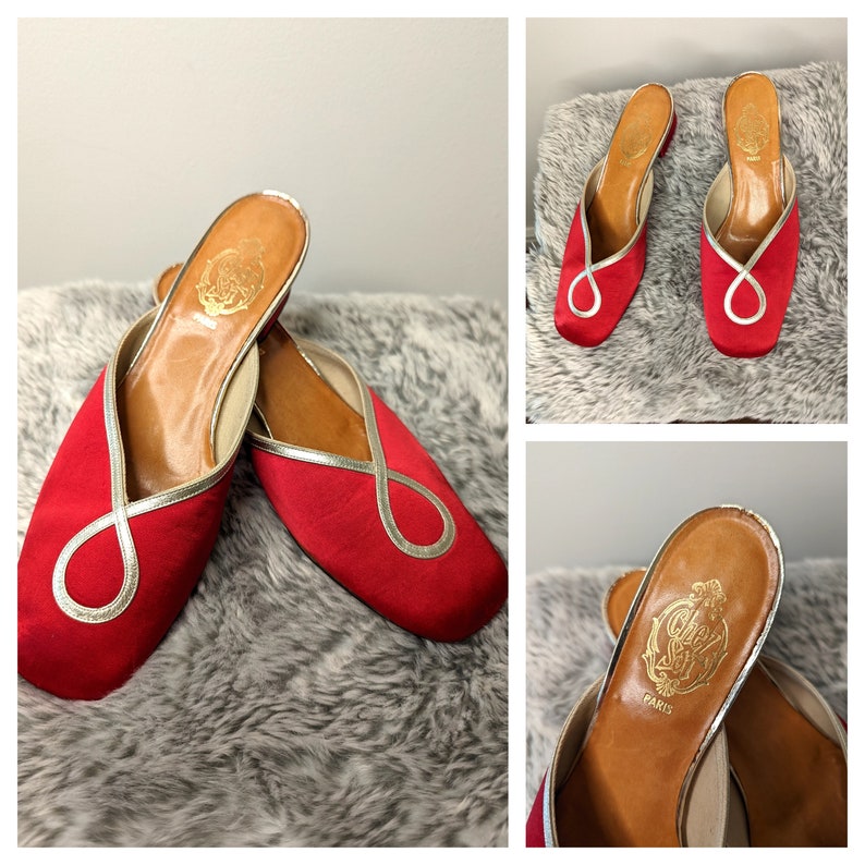 Vintage 1950s 1960s Heels, 1960s ' CHEZ SOI ' Paris Heels ,French Red Satin & Gold Mules , Vintage red shoes, image 1