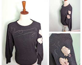 Vintage 1980s Black Angora Blend Jumper: Batwing Sleeve, Pink Flower Applique, Size M