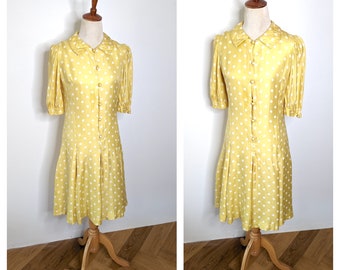 Vintage 1960s Yellow Satin Dress, 1960s WEBE Couture Paris, 1960s Designer Dress, 60s Polka Dot Box Pleat ,drop waist summer dress Size S