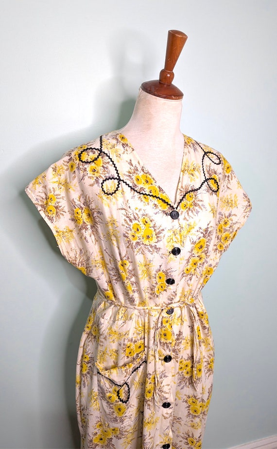 Vintage 1940s Dres, 1950s Yellow Dress,  40s  Flo… - image 9