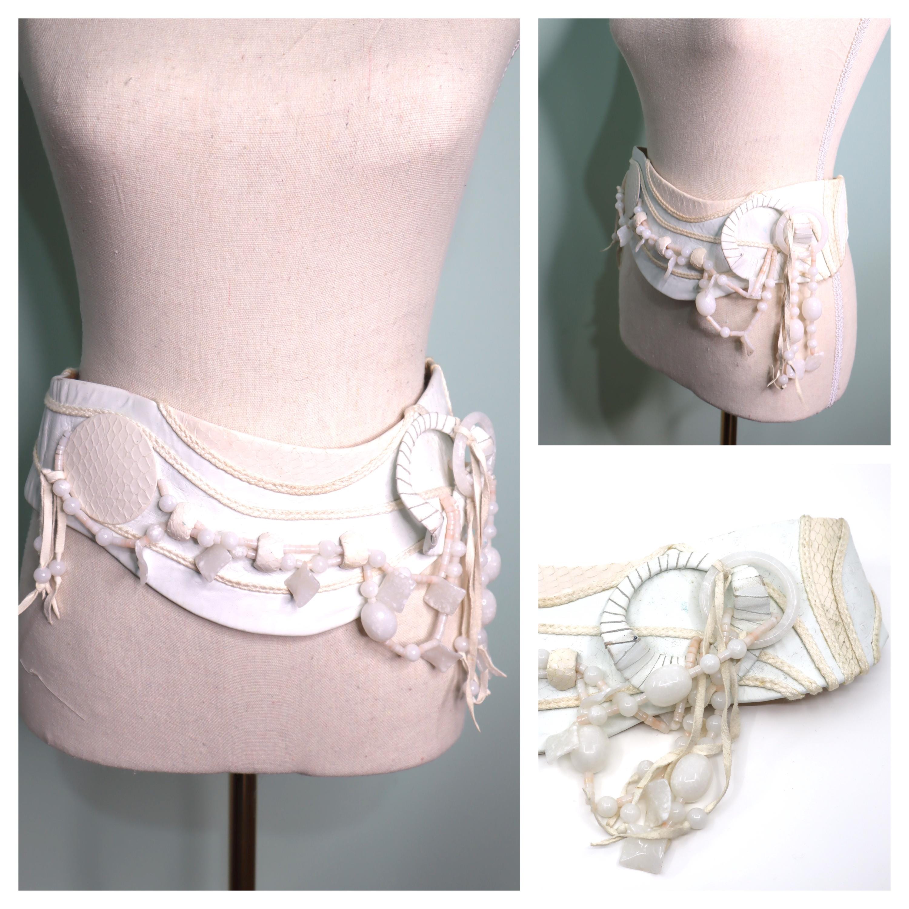 Vintage 1980s Designer Laise Adzer Leather Belt: White Bead 