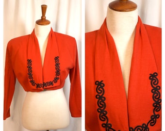 Vintage 1980's Red Jacket, ' Private Label ' Red Wool 1940s Style Bolero Jacket , Soutache Detail Spanish Style Size M/L