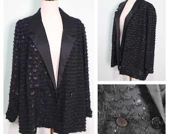 Vintage 1980s Black Tinsel Blazer - Young Edwardian Cocktail Tuxedo Jacket, Size M