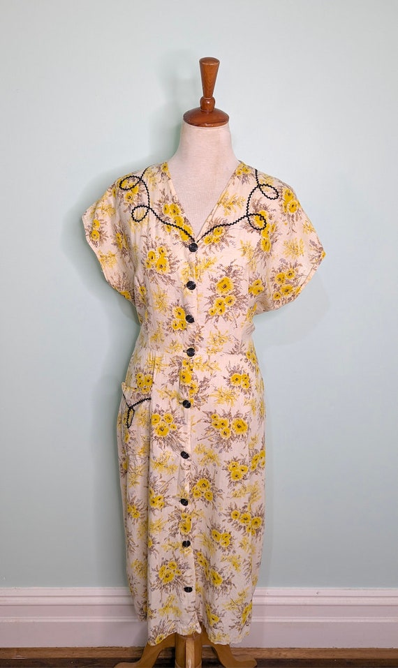 Vintage 1940s Dres, 1950s Yellow Dress,  40s  Flo… - image 2