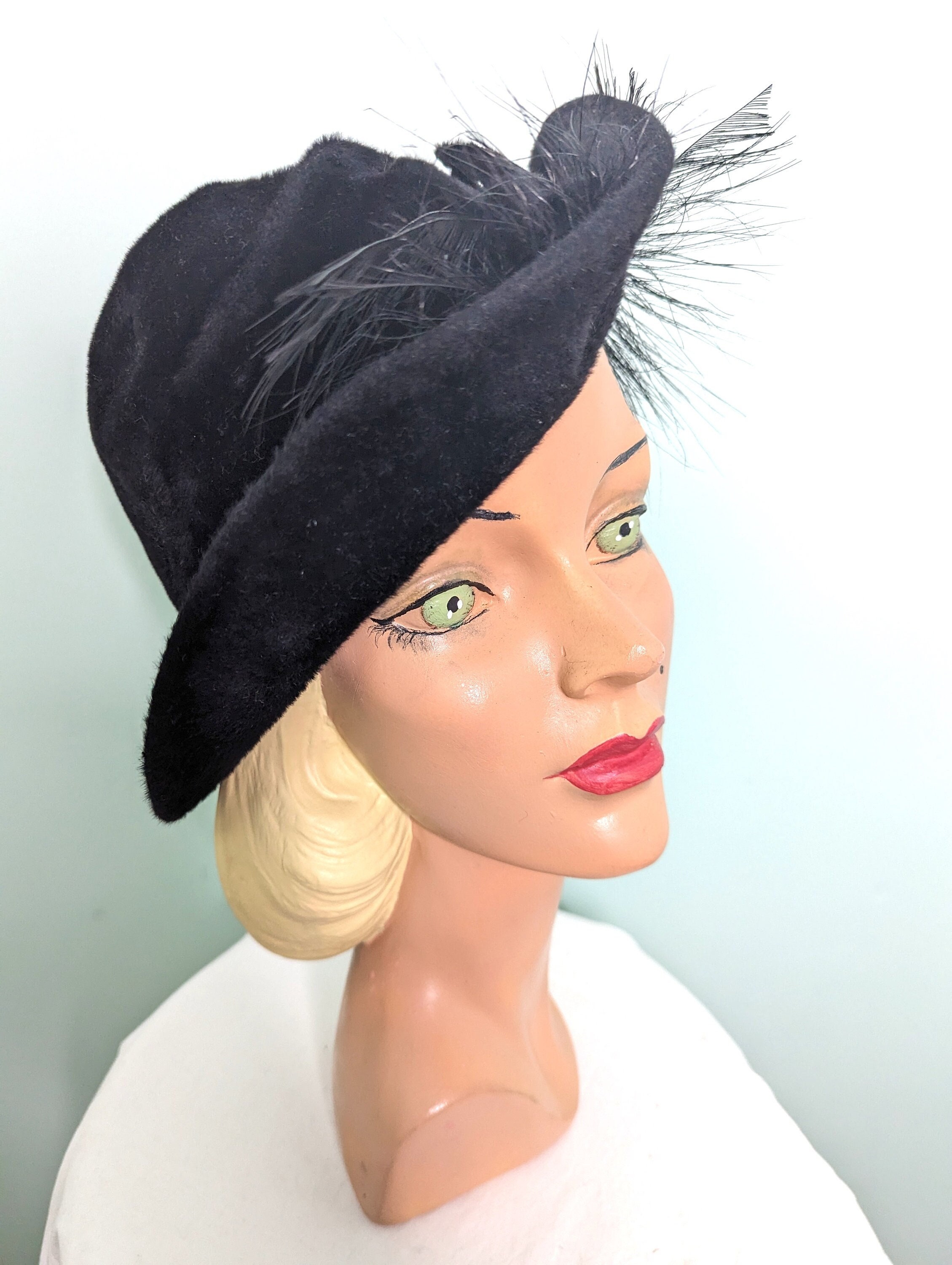 Vintage 1940s Black Velour Felt Hat With Feather Brim - Etsy