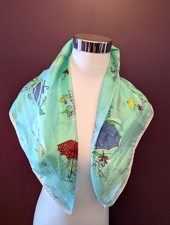 Vintage 1950s Novelty Scarf , 50s  Aqua Umbrella … - image 6