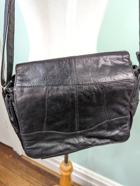 Vintage 70s 80s Black Bag , 1980s Patchwork Leath… - image 3