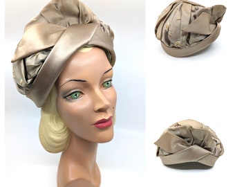 Vintage 1950s Gold Satin Turban Draped Hat 1950s-1960s Cocktail Hat