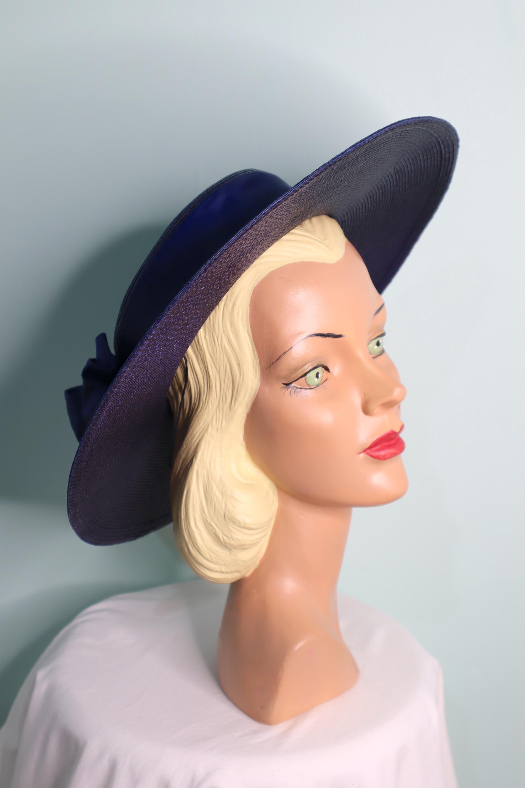 Vintage 1980s 1990s Navy Straw Wide Brim Hat: Taffeta Bow  display picture 2