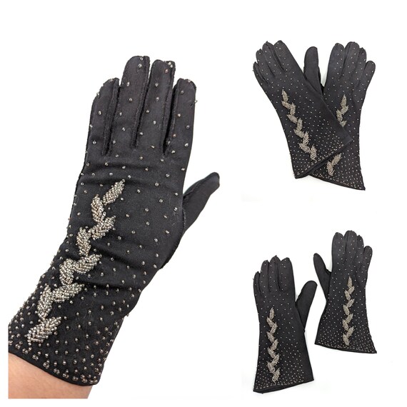 Vintage 50s 60s Gloves, 1950s Silver Beaded Black… - image 1