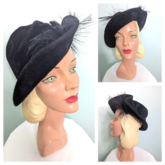 Vintage 1940s Black Velour Felt Hat With Feather Brim - Etsy display picture 1