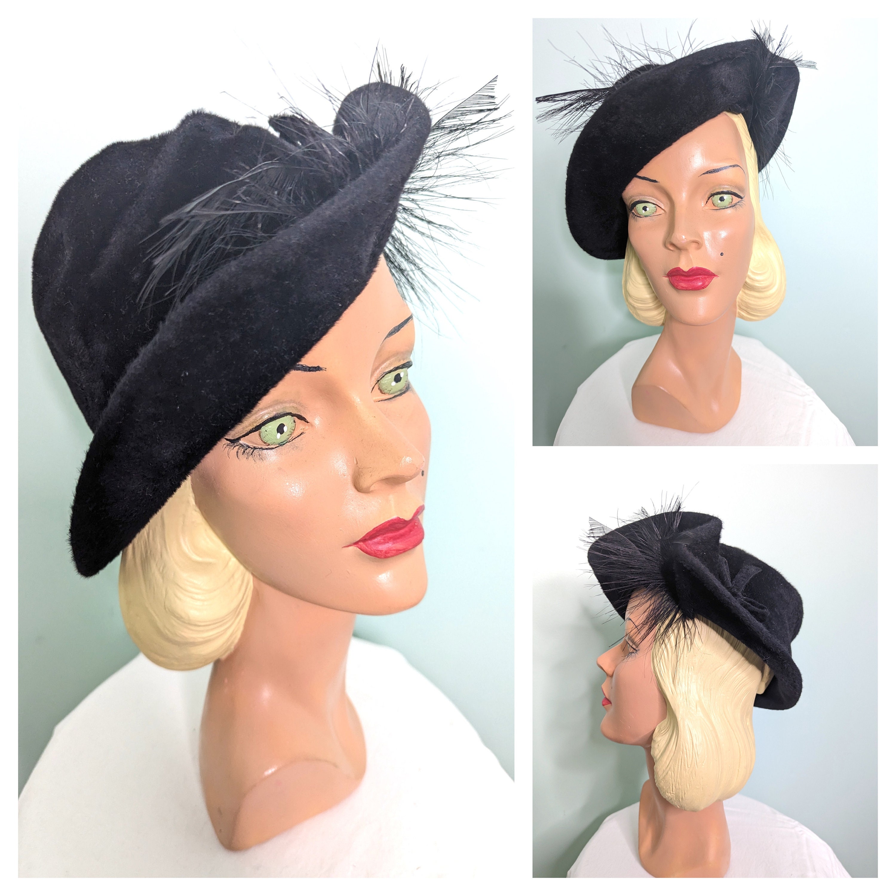 Vintage 1940s Black Velour Felt Hat With Feather Brim - Etsy display picture 3