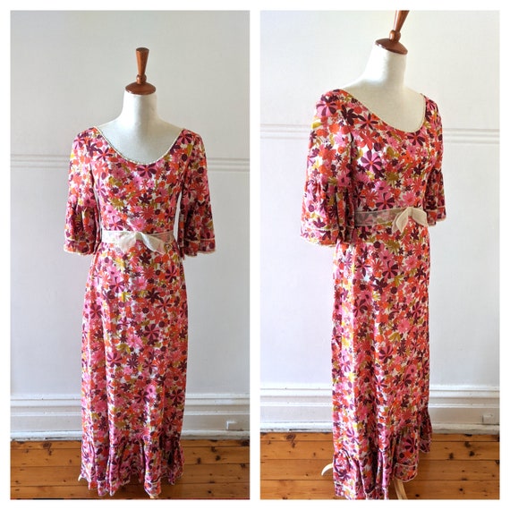 Vintage 60s 70s Maxi Dress, 1960s Floral Dress ,6… - image 1