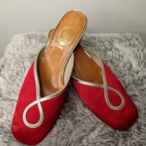 Vintage 1950s 1960s Heels, 1960s ' CHEZ SOI ' Paris Heels ,French Red Satin & Gold Mules , Vintage red shoes, image 3