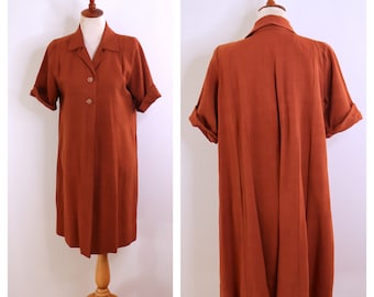 Vintage 1940s Rust Brown Linen Summer Gabardine Swing Coat, Size M/L