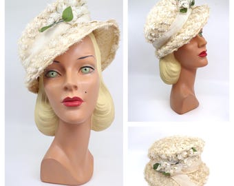 Vintage Cream Floral Raffia Hat Vintage 50s Cream Beige Raffia Hat With Net and Bow, Sanba  main image 3