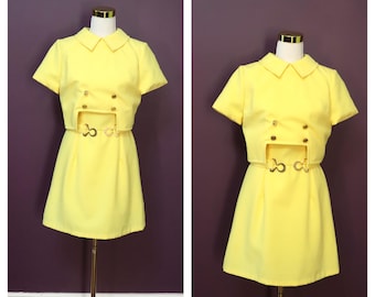 Vintage 1960s Mod Yellow Dress Suit Aline Mini with Gold Belt (Size S)