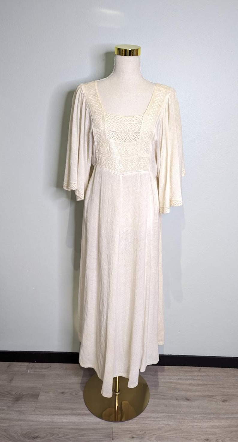 Vintage 1970s Maxi Dress Cream Cheesecloth Angel sleeve Crochet Summer Boho Dress Size M/L image 2