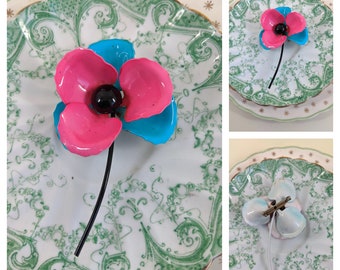 Vintage 1960s Metal Brooch Quirky Large Pink Blue Metal Flower Brooch Statement Pin Mod Hippie Style