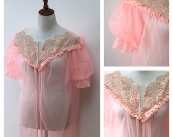 Vintage 50s Pink Nylon Peignoir Robe: Lace Trim Babydoll Dressing Gown M-L