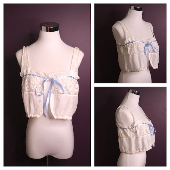 Antique 1900s Edwardian Lace Corset Cover: Blue Ribbon Cami, Size