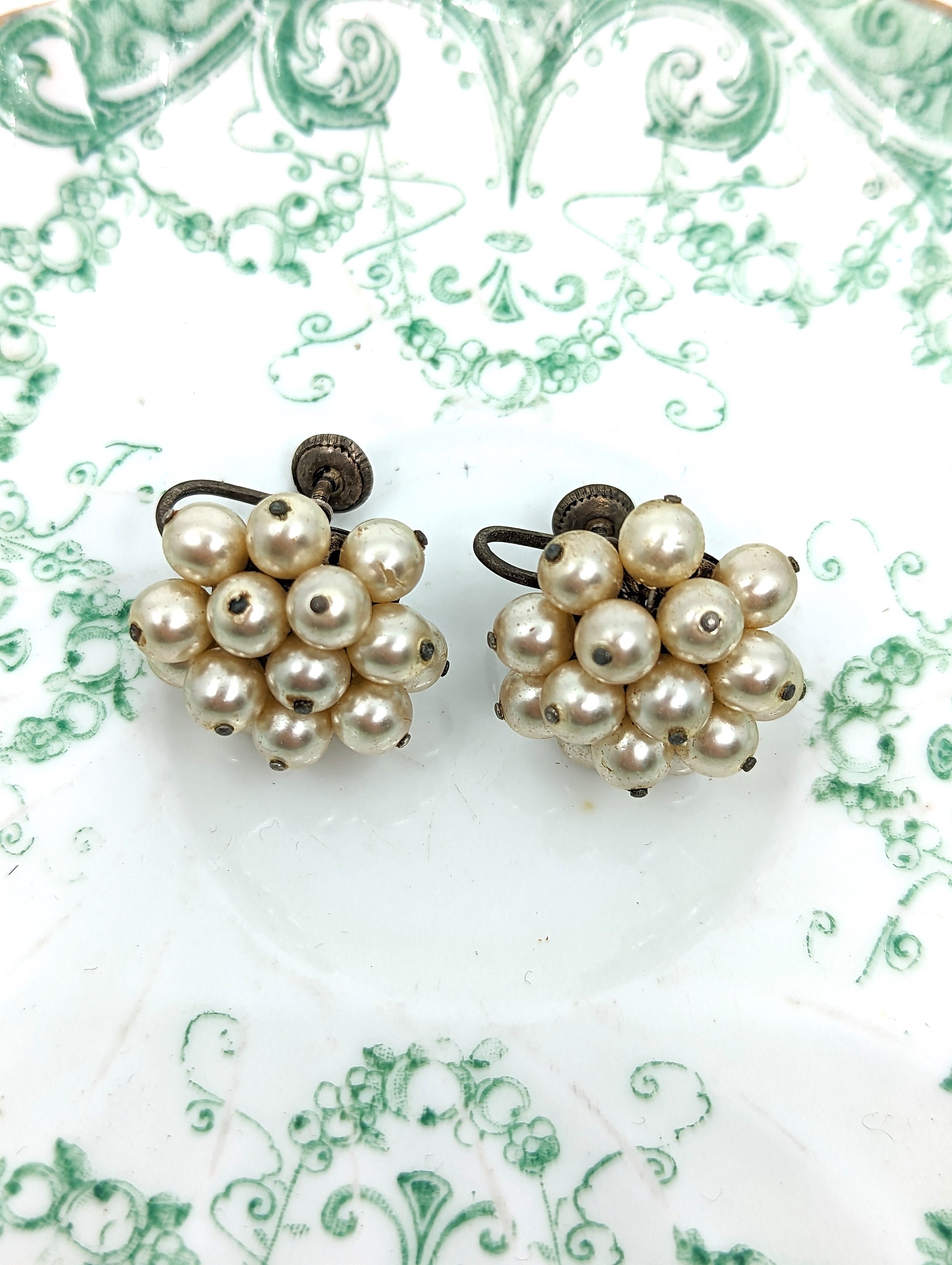 Boucles D'Oreilles Perles Porcelaine Craquelée Vintage - Bijou Ancien, Percées