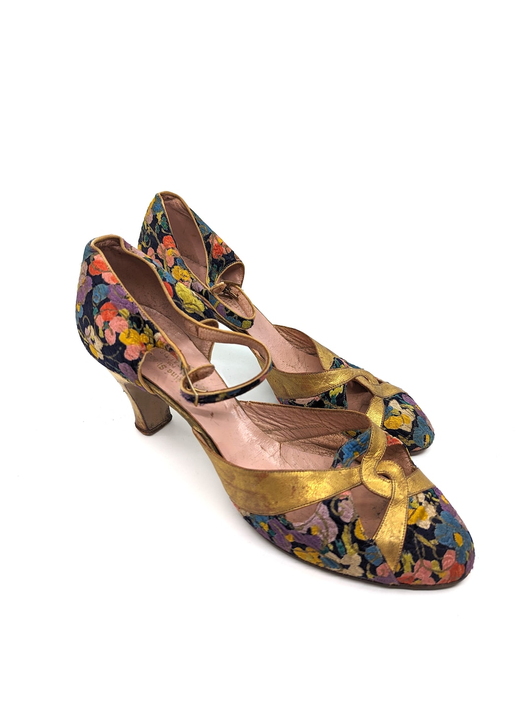 Vintage 1920s 1930s Art Deco Floral Lame Heels: Gold Leather Flapper ...