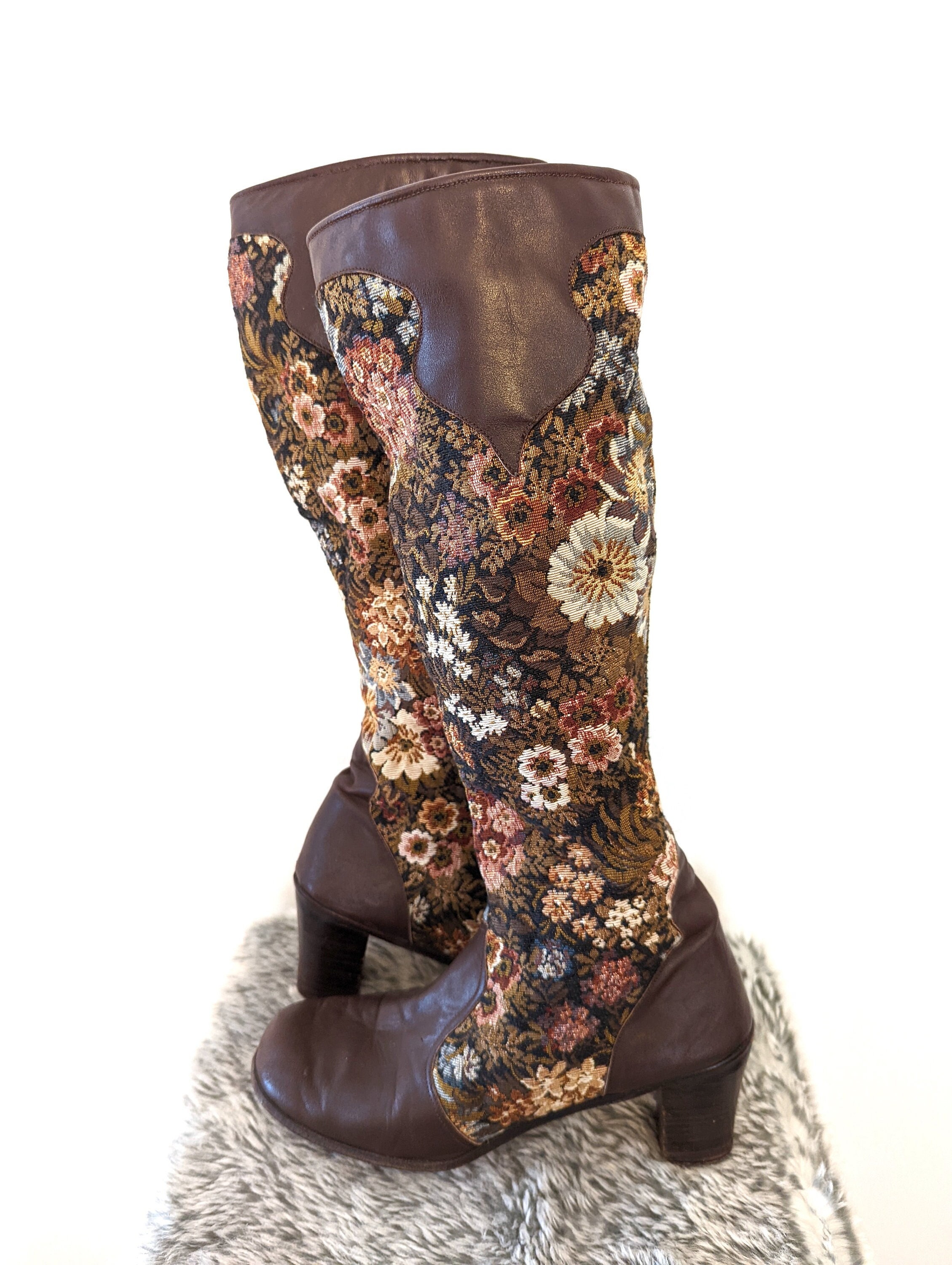 Vintage 1960s 1970s Boots 60s Penny Lane Boots 70s Brown Floral Tapestry Boots Leather Knee High Granny Boots Size 7.5 Etsy