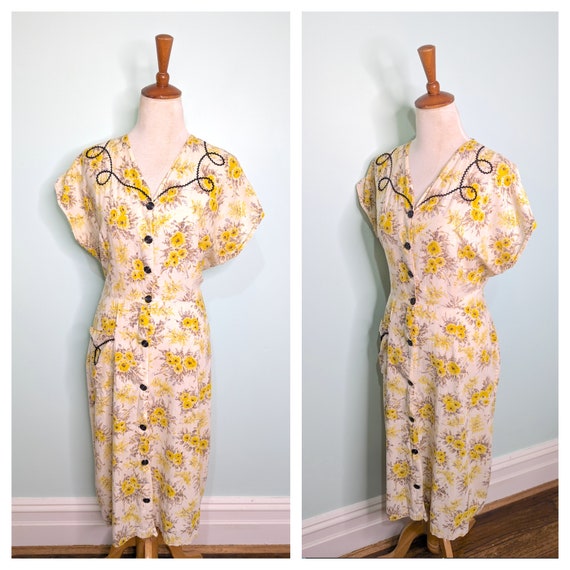 Vintage 1940s Dres, 1950s Yellow Dress,  40s  Flo… - image 1