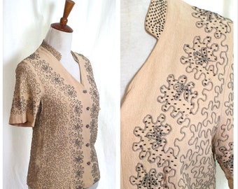 1940s Blouse ,Vintage 1940s Soutache Blouse, 1940s Beaded Top, Vintage Embroidered Crepe Summer Blouse size S/M