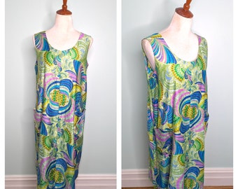 Vintage 1960s Psychedelisches Muster Buntes Baumwoll Etuikleid: Grüner Swirl Print, Grösse L
