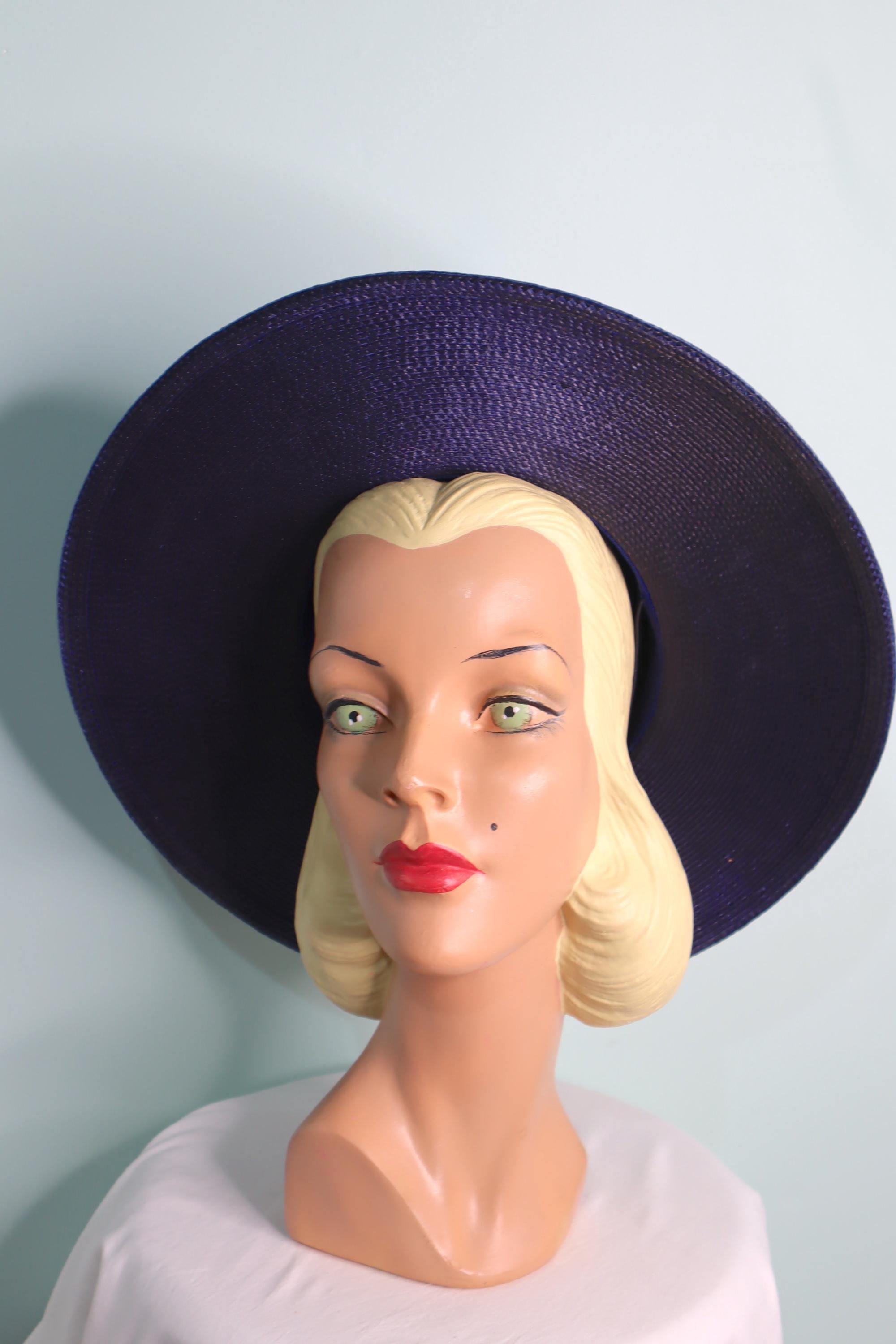 Vintage 1980s 1990s Navy Straw Wide Brim Hat: Taffeta Bow  display picture 1