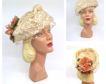 Vintage Ivory Buckram Bucket Hat: 1950s Floral Cocktail Hat  display picture 2