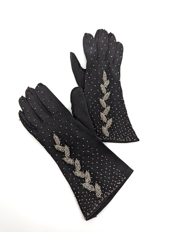 Vintage 50s 60s Gloves, 1950s Silver Beaded Black… - image 6