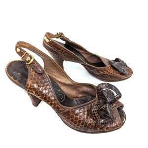 Vintage 1940s Heels,  1940s Brown Heels , Snake skin Heels , 40s Peep toe Heels, Pinup Pumps, Vintage Shoes Size 7.5