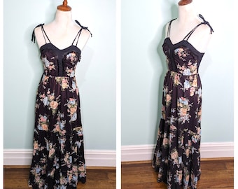 Vintage 1970s Maxi Dress,  1970s Prairie Dress, ' ' CANDI JONES ' , Black floral Lace Summer Dress,  70s Prairie Maxi,  Hippy Boho Size S/M