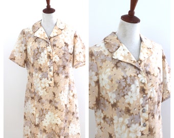 Vintage 60s 70s Dress, 1970s Brown Dress , 70s Floral Collared Shift Dress, Mod Dress , size L